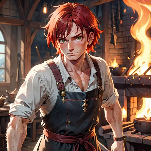 blacksmith,fire master,steelworker,fire fighter,fire background,fire artist,flame spirit,tinsmith,moulder,clary,fire devil,firefighter,welder,farrier,fireman,game illustration,male character,craftsman,worker,red cooking,Anime,Anime,General