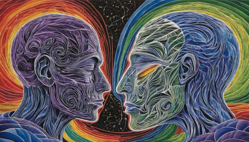 psychedelic art,two people,man and woman,into each other,mirror of souls,global oneness,connectedness,consciousness,inner space,all forms of love,chakras,whispering,self unity,face to face,yin yang,psychedelic,polarity,lsd,buddha,vibrations,Illustration,Abstract Fantasy,Abstract Fantasy 21