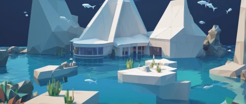 artificial island,aquarium,artificial islands,floating islands,low poly,underwater oasis,lagoon,icebergs,diamond lagoon,low-poly,underwater playground,virtual landscape,futuristic landscape,floating huts,panoramical,mushroom island,acquarium,underwater landscape,cube stilt houses,aqua studio,Unique,3D,Low Poly