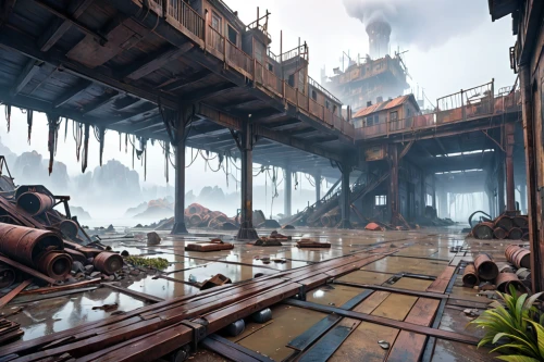 ship yard,shipyard,salvage yard,ship wreck,industrial ruin,heavy water factory,docks,airships,industrial landscape,the wreck of the ship,refinery,caravel,shipwreck,pirate ship,destroyed city,scrapyard,croft,sawmill,metal rust,factories,Anime,Anime,General