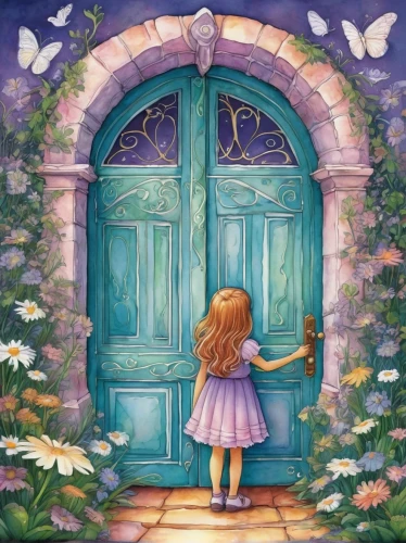 fairy door,garden door,open door,the door,blue door,the little girl's room,in the door,home door,door,old door,children's fairy tale,dandelion hall,wooden door,fairy tale,a fairy tale,little girl fairy,children's background,the threshold of the house,doorway,fae,Illustration,Paper based,Paper Based 10