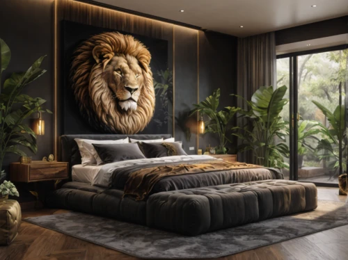forest king lion,great room,canopy bed,sleeping room,african lion,king of the jungle,lion head,bedding,ornate room,lion,modern decor,interior design,guest room,bedroom,interior decoration,room divider,modern room,stone lion,luxury home interior,luxurious