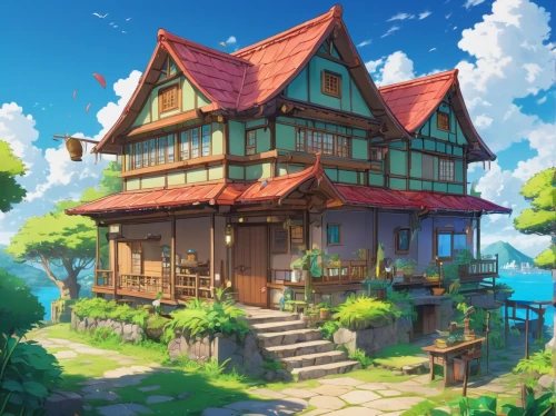 studio ghibli,house by the water,summer cottage,wooden house,little house,wooden houses,fisherman's house,house with lake,cottage,treasure house,ancient house,houseboat,small house,home landscape,house in the forest,seaside country,house of the sea,violet evergarden,beautiful home,lonely house,Illustration,Japanese style,Japanese Style 03