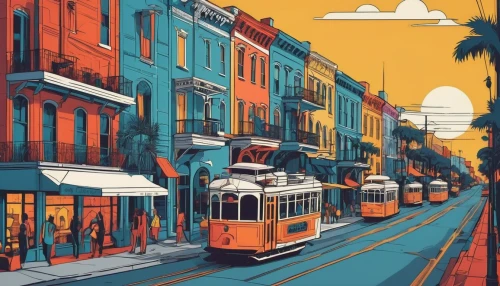 san francisco,travel poster,street car,new orleans,valparaiso,colorful city,sanfrancisco,vector illustration,french quarters,cable car,cable cars,tram,streetcar,porto,istanbul,buenos aires,digital illustration,vector art,lisbon,santa monica,Illustration,Vector,Vector 06