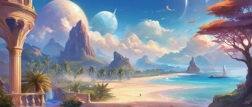 fantasy landscape,beach landscape,an island far away landscape,beach scenery,coastal landscape,landscape background,dream beach,ocean paradise,sea landscape,futuristic landscape,seaside resort,summer background,fantasy picture,sea-shore,mountain beach,sand coast,imperial shores,tropical beach,paradise beach,peninsula,Illustration,Realistic Fantasy,Realistic Fantasy 01