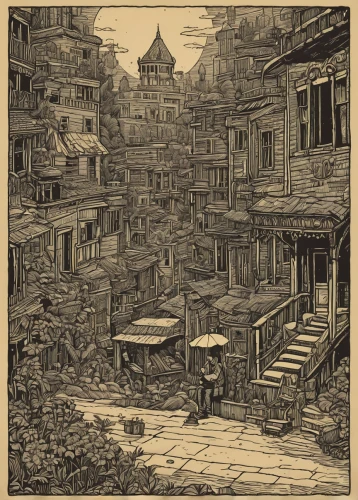 galata,constantinople,escher village,cool woodblock images,july 1888,deadwood,destroyed houses,street scene,bukchon,destroyed city,slum,wooden houses,old linden alley,slums,the cobbled streets,sarajevo,sepia,istanbul,townscape,grand bazaar,Illustration,Vector,Vector 15