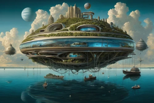 futuristic landscape,alien ship,science fiction,artificial island,airships,alien planet,science-fiction,sea fantasy,alien world,sci fiction illustration,airship,sci fi,floating island,scifi,artificial islands,sci-fi,sci - fi,flying saucer,planet eart,extraterrestrial life,Illustration,Realistic Fantasy,Realistic Fantasy 40