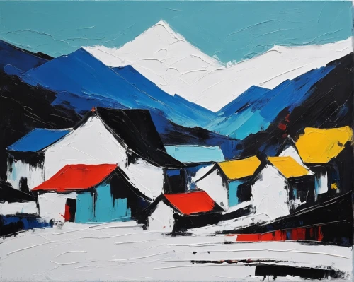 whistler,mountain huts,korean village snow,alpine village,zermatt,mountain village,valais,annapurna,saas fee,blue painting,carcross,ushuaia,everest region,telluride,winter landscape,banff,winter village,ladakh,tarasp,snow landscape,Art,Artistic Painting,Artistic Painting 42