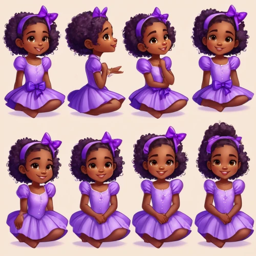 tiana,precious lilac,acerola family,afro american girls,icon set,crown icons,hairstyles,lavender bunch,doll's facial features,acerola,lilac,chibi children,purple lilac,viola,lilac flowers,hula,afroamerican,afro-american,purple background,malva,Illustration,Realistic Fantasy,Realistic Fantasy 01