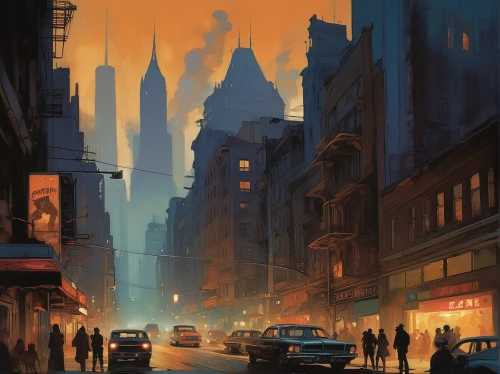 cityscape,city scape,evening city,new york streets,world digital painting,manhattan,evening atmosphere,narrow street,alleyway,city life,street lights,street scene,city lights,chinatown,sci fiction illustration,street lamps,street canyon,digital painting,the city,citylights,Conceptual Art,Oil color,Oil Color 04