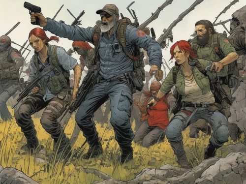 forest workers,pilgrims,pathfinders,scouts,children of war,nomads,cossacks,rangers,warsaw uprising,lost in war,mountaineers,game illustration,detail shot,hunting dogs,soldiers,travelers,cargo pants,veterans,troop,western,Illustration,Realistic Fantasy,Realistic Fantasy 04
