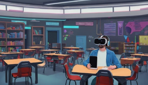 vr,vr headset,classroom,virtual reality,computer room,retro diner,virtual world,class room,virtual reality headset,cafeteria,detention,virtual,ufo interior,cyber glasses,first person,computer freak,study room,3d crow,man with a computer,moonstuck,Illustration,American Style,American Style 11