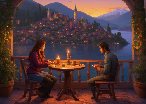 romantic dinner,romantic scene,romantic night,dinner for two,romantic meeting,romantic portrait,candle light dinner,romantic,fantasy picture,alpine restaurant,fairytale,evening atmosphere,montreux,a fairy tale,date,idyll,fairy tale,date night,summer evening,dining,Illustration,Realistic Fantasy,Realistic Fantasy 27