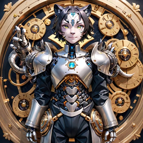 clockmaker,clockwork,watchmaker,zodiac sign libra,steampunk,summoner,key-hole captain,chariot,cybernetics,armor,alloy,cat warrior,sterntaler,symetra,steampunk gears,chainlink,armored,goddess of justice,biomechanical,widowmaker,Anime,Anime,General