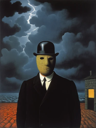 surrealism,smoking man,grant wood,surrealistic,white-collar worker,night administrator,pilgrim,masked man,matchstick man,businessman,dali,el salvador dali,black hat,anonymous mask,angry man,anthropomorphized,album cover,art dealer,an anonymous,dark 'n' stormy,Art,Artistic Painting,Artistic Painting 06