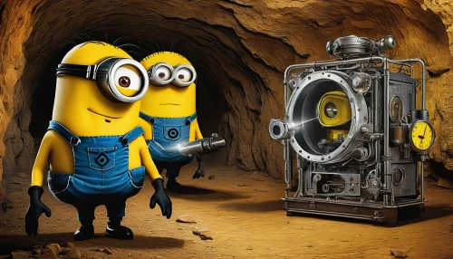 minion tim,minions,dancing dave minion,minion,despicable me,mine shaft,mining,miners,cog,underground cables,civil defense,gold mining,caving,cave tour,tool belts,autoclave,battery cell,yellow machinery,bitcoin mining,crypto mining,Art,Artistic Painting,Artistic Painting 51