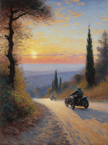 motorcyclist,motorcycle,motorcycles,motorcycling,1000miglia,motorbike,side car race,rural landscape,austin 7,motorcycle tour,piaggio ciao,motorcycle tours,motor-bike,sidecar,the evening light,open road,winding roads,evening atmosphere,austin 1800,motorcycle racing,Art,Artistic Painting,Artistic Painting 04