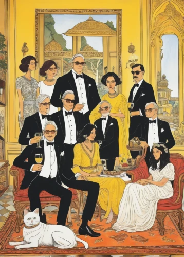 clue and white,twenties of the twentieth century,roaring 20's,mafia,brazilian monarchy,roaring twenties,vintage illustration,dinner party,seven citizens of the country,orientalism,diverse family,group of people,napoleon iii style,exclusive banquet,men sitting,golden weddings,great gatsby,downton abbey,caper family,the victorian era,Illustration,Paper based,Paper Based 21