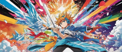 my hero academia,spark,rainmaker,vivid,kame sennin,explosion,fairy tail,nine-tailed,topspin,exploding,paintbrush,burst,fire kite,explode,flag staff,wing ozone rush 5,spark fire,fallen colorful,explosion destroy,kite,Illustration,Japanese style,Japanese Style 04