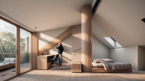 modern room,loft,canopy bed,attic,sky apartment,sleeping room,bedroom,bedroom window,daylighting,cubic house,room divider,wooden beams,wooden windows,timber house,inverted cottage,japanese-style room,frame house,guest room,great room,smart home