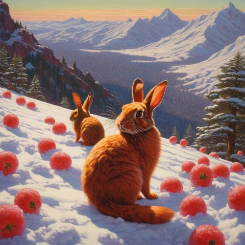 hares,rabbits,hare trail,hare field,rabbits and hares,easter rabbits,bunnies,female hares,rabbit family,mountain cottontail,snowshoe hare,snow scene,hare of patagonia,snowballs,winter animals,wild hare,cottontail,arctic hare,european rabbit,tommie crocus,Illustration,Realistic Fantasy,Realistic Fantasy 03