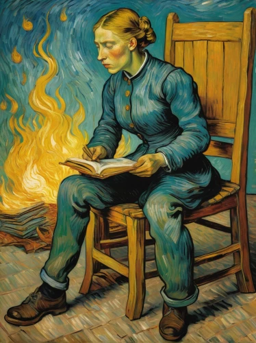 blonde woman reading a newspaper,vincent van gough,girl studying,vincent van gogh,woman sitting,child with a book,man with a computer,woman fire fighter,academic,writing-book,female worker,painting technique,fire artist,firefighter,girl at the computer,the girl studies press,david bates,reading,girl with bread-and-butter,post impressionism,Art,Artistic Painting,Artistic Painting 03