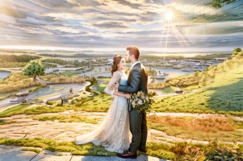 wedding photo,celtic woman,wedding photography,loving couple sunrise,fantasy picture,wedding frame,wedding couple,landscape background,picture design,pre-wedding photo shoot,romantic scene,silver wedding,romantic portrait,digital compositing,photomanipulation,image manipulation,fairytale,love in the mist,photo manipulation,lens flare