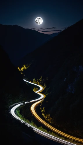 night highway,light trail,night photography,highway lights,moonlit night,light trails,alpino-oriented milk helmling,moon photography,winding roads,the transfagarasan,winding road,ufo intercept,night image,speed of light,photo manipulation,long exposure,conceptual photography,moon and star,long exposure light,transfagarasan,Illustration,American Style,American Style 06