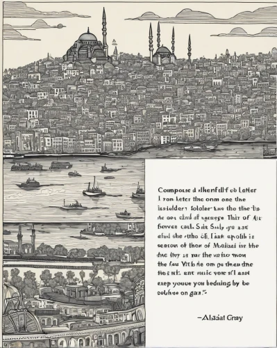 istanbul,istanbul city,sultanahmet,constantinople,galata,sultan ahmet mosque,sultan ahmed,sultan ahmed mosque,galata tower,bosphorus,abraham,ayasofya,kadikoy,the postcard,cover,book cover,alaphabet,asher durand,book page,book illustration,Illustration,Black and White,Black and White 20