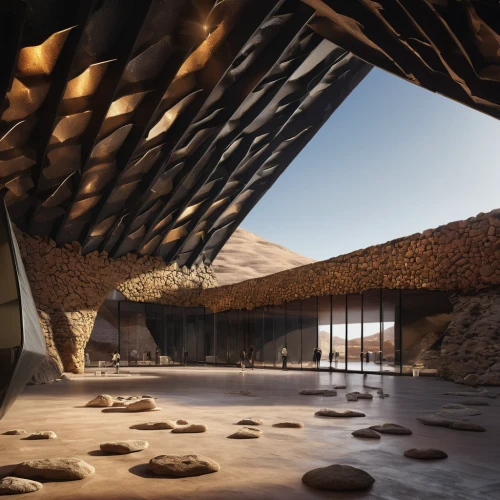 soumaya museum,dunes house,wooden roof,qasr azraq,futuristic art museum,timber house,archidaily,wood structure,roof landscape,wooden construction,wooden beams,3d rendering,roof structures,honeycomb structure,jewelry（architecture）,concrete ceiling,render,cubic house,corten steel,clay house,Photography,General,Natural