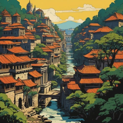 meteora,kyoto,travel poster,kiyomizu,mountain village,nikko,shirakawa-go,bukchon,villages,escher village,vietnam,koyasan,japan landscape,yellow mountains,ancient city,tsukemono,guizhou,china,ryokan,yunnan,Illustration,Vector,Vector 11