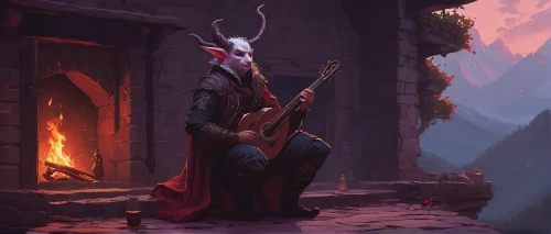 art bard,bard,itinerant musician,musician,guitar player,serenade,guitarist,cellist,dane axe,devilwood,violin player,harp player,dusk background,undead warlock,concert guitar,musicians,concertmaster,orchestra,fireside,splitting maul,Conceptual Art,Fantasy,Fantasy 32