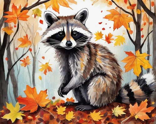 north american raccoon,raccoon,autumn icon,autumn background,fall animals,raccoons,rocket raccoon,autumn theme,autumn idyll,autumn colouring,autumn day,ring-tailed,autumn chores,autumn landscape,fall foliage,autumn forest,woodland animals,autumn,autumn frame,fall landscape,Art,Artistic Painting,Artistic Painting 37