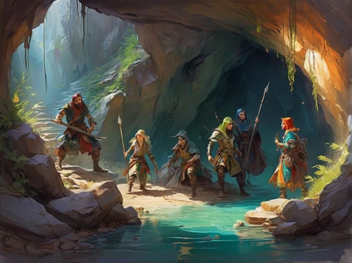 guards of the canyon,cave tour,travelers,dwarves,chasm,cave on the water,dungeons,druid grove,sea caves,adventurer,fantasy picture,elves,druids,caving,fishermen,nomads,concept art,pit cave,cave,hikers,Illustration,Paper based,Paper Based 11