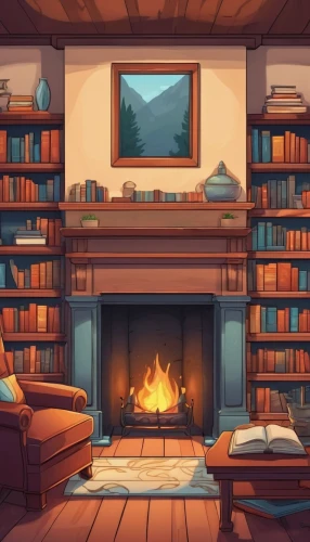 fireplace,bookshelves,book wall,bookcase,bookshelf,fire place,warm and cozy,reading room,study room,fireplaces,bookstore,livingroom,book store,cabin,relaxing reading,warmth,bookworm,cartoon video game background,the cabin in the mountains,library,Illustration,Japanese style,Japanese Style 07