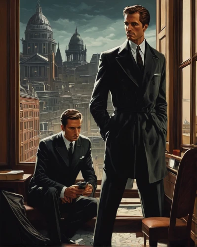 italian poster,gentleman icons,businessmen,sherlock holmes,spy visual,mafia,business men,italian painter,men's suit,spy,holmes,gentlemanly,clue and white,white-collar worker,men sitting,overcoat,volpino italiano,sherlock,suits,italian style,Illustration,Paper based,Paper Based 10