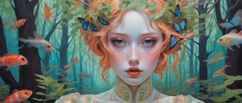 forest fish,dryad,faerie,faery,merfolk,fairy forest,enchanted forest,mermaid background,forest of dreams,coral bells,fantasy portrait,submerged,orange blossom,siren,underwater background,immersed,secret garden of venus,deep coral,faun,overgrown,Conceptual Art,Daily,Daily 15