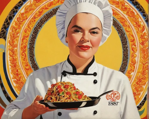 woman holding pie,cooking book cover,pizza supplier,chef,pad thai,asian cuisine,culinary art,pizza service,yeung chow fried rice,lo mein,indomie,chow mein,caterer,food icons,linguine,cuisine classique,modern pop art,men chef,laksa,mie goreng,Illustration,Retro,Retro 26
