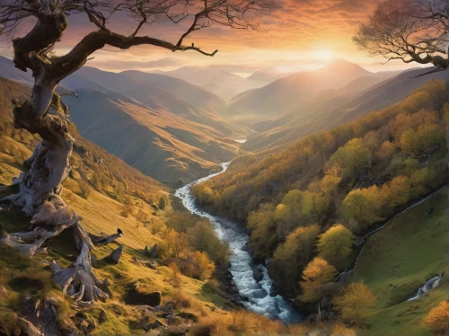 autumn mountains,fantasy landscape,autumn landscape,mountain landscape,mountain sunrise,beech mountains,carpathians,mountainous landscape,nature landscape,river landscape,beautiful landscape,mountain scene,lake district,landscape background,pyrenees,landscapes beautiful,scottish highlands,landscape nature,the landscape of the mountains,peak district,Illustration,Realistic Fantasy,Realistic Fantasy 02