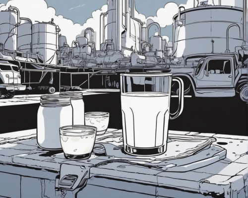 refinery,industrial landscape,chemical plant,brewery,washes,coffee tea illustration,bottleneck,industries,petrochemicals,grain milk,industry,backgrounds,milk-carton,french press,post-apocalyptic landscape,heavy water factory,glass of milk,filling station,industrial area,soda fountain,Illustration,American Style,American Style 09