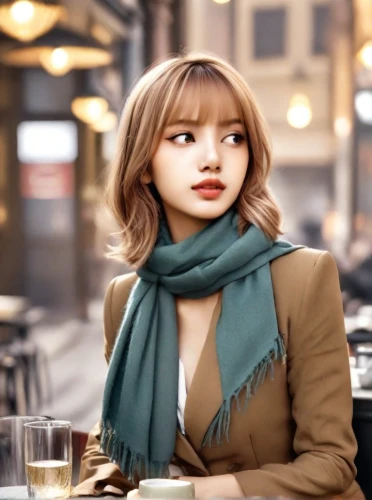 scarf,coffee background,woman at cafe,realdoll,colorpoint shorthair,lotte,paris cafe,women fashion,parisian coffee,phuquy,fashion vector,cappuccino,brown fabric,fashion doll,fashion street,miso,romantic look,young model istanbul,spy visual,barista