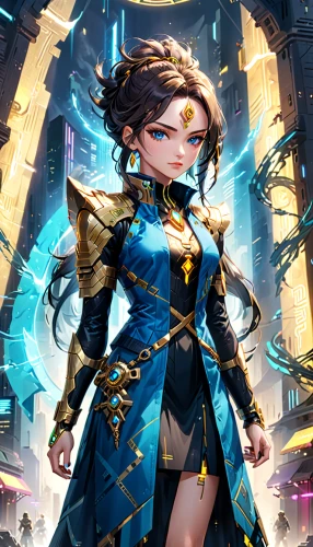 goddess of justice,elza,artemisia,cg artwork,blue enchantress,lux,symetra,game illustration,paladin,summoner,monsoon banner,tracer,navi,nova,caster,dark blue and gold,athena,minerva,transistor,female warrior,Anime,Anime,General