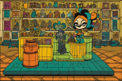 shopkeeper,apothecary,shrine,brandy shop,gold shop,gift shop,pet shop,bartender,cosmetics counter,day of the dead frame,soap shop,pharmacy,terracotta tiles,drinking establishment,retro frame,retro background,cat's cafe,pinocchio,kitchen shop,kokeshi,Illustration,Vector,Vector 15