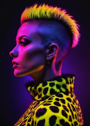 mohawk,cheetah,mohawk hairstyle,pompadour,neon body painting,neon makeup,neon,neon lights,neon colors,neon light,punk,pop art colors,pop art style,spotify icon,punk design,leopard head,popart,neon arrows,rockabella,pop art woman,Photography,Artistic Photography,Artistic Photography 10