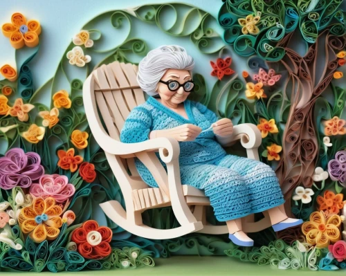 floral chair,elderly lady,garden bench,elderly person,grandma,flower painting,granny,old woman,grandmother,pensioner,girl in flowers,floral frame,girl in the garden,flowers in basket,picking flowers,flower arranging,floral and bird frame,flower basket,older person,elderly,Unique,Paper Cuts,Paper Cuts 09