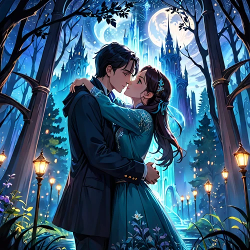 a fairy tale,romantic scene,fairy tale,fairytale,twiliight,romantic portrait,twilight,mistletoe,the moon and the stars,romantic night,fairytales,fantasy picture,fairy tales,enchanted,cg artwork,enchanted forest,honeymoon,romance novel,moonlit night,starry sky,Anime,Anime,General