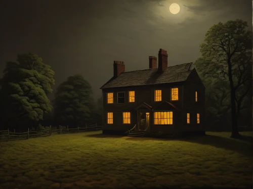 witch's house,lonely house,house silhouette,night scene,witch house,creepy house,the haunted house,moonlit night,house painting,farmhouse,home landscape,haunted house,doll's house,woman house,old colonial house,little house,old house,ancient house,the threshold of the house,old home,Art,Artistic Painting,Artistic Painting 30