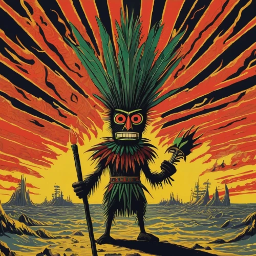 prickle,matchstick man,tribal chief,forest man,new world porcupine,pachamama,groot super hero,shamanic,shaman,shamanism,red chief,groot,war monkey,mandrill,rastaman,scarecrow,monkey island,paraguay pyg,book cover,aztecs,Art,Artistic Painting,Artistic Painting 50