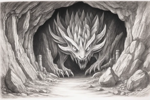 nine-tailed,devilwood,hollow way,forest dragon,dungeons,cave,the wolf pit,fissure vent,chasm,threshold,gryphon,pit cave,dragon of earth,cave tour,maelstrom,hollow,charcoal nest,dark-type,hatch,hall of the fallen,Illustration,Black and White,Black and White 35