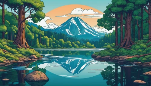 mountain lake,mountain scene,mountainlake,mountains,landscape background,mountain world,mountain landscape,lagoon,mountain,lake tanuki,nature landscape,autumn mountains,acid lake,digital art,world digital painting,digital illustration,mountainous landscape,mushroom landscape,mountain range,lake,Illustration,Retro,Retro 11